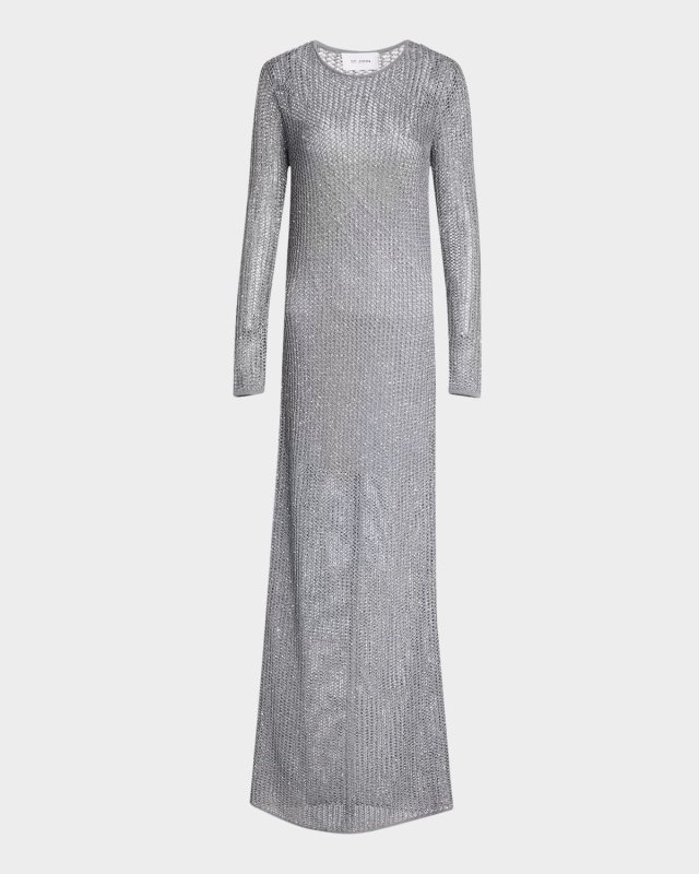 Sequin Mesh Knit Long-Sleeve Gown With Slip